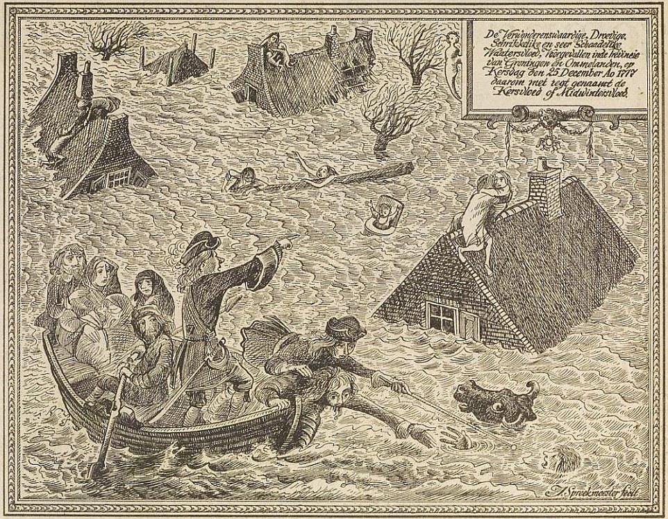 Prenten afbeelding van de zware storm in Groningen, december 1717