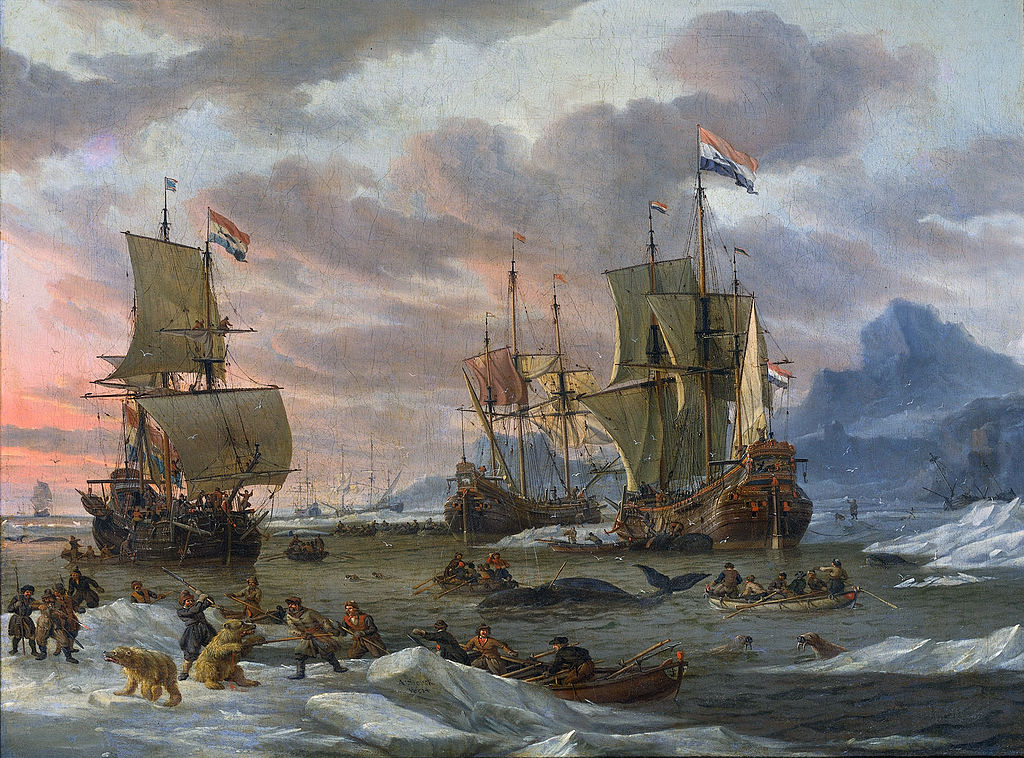 Hollandse walvisvaarders voor een bergachtige kust - Abraham Storck