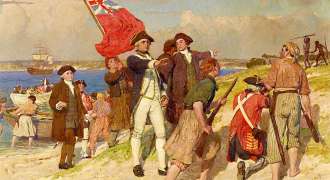 Landing of lieutenant james cook at botany bay 29 april 1770 painting by e phillips fox